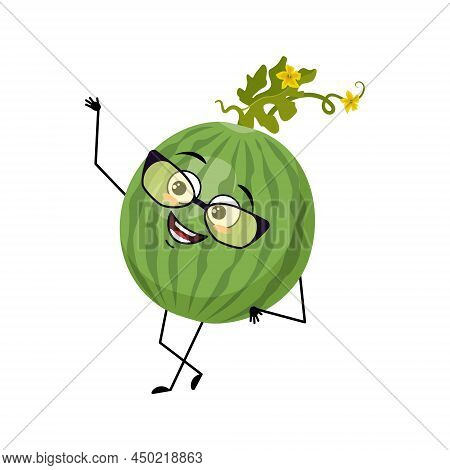 Green Striped Round Watermelon Character With Happy Emotion And Glasses, , Joyful Face, Smile Eyes, 