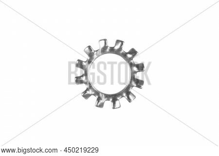 Metal Washer Isolated On White Background. Macro Shot Lock-nut Isolated. Chromed Screw Nut Isolated