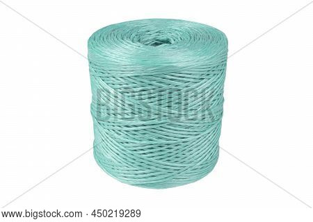 Coiled Nylon Rope Isolated On White Background. Blue Rolled  Striped Nylon Rope Isolated. A Coil Of 