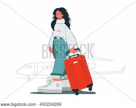The Traveler With Luggage Walking At The Airport. Large Suitcase With The Silhouette Of A Passenger 