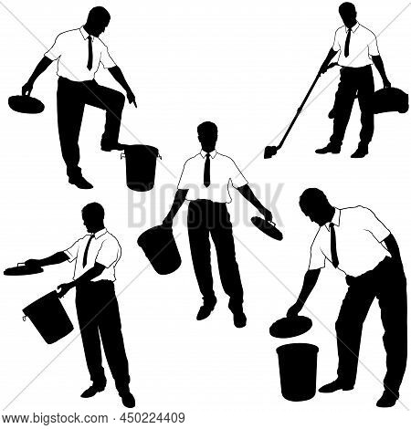 Set Of Silhouettes Of Clerk Or Businessman With Trash Can - Colored Black Illustrations Isolated On 