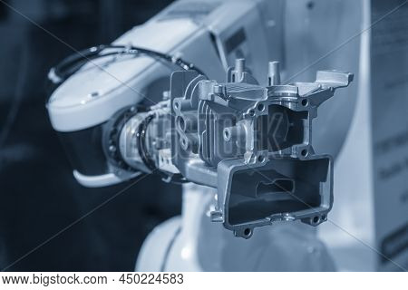 The Hi-technology  Material Handling Process By Robotic System With Cylinder Block Parts. The Automa
