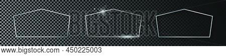 Set Of Three Silver Glowing Tetragon Shape Frames Isolated On Dark Transparent Background. Shiny Fra