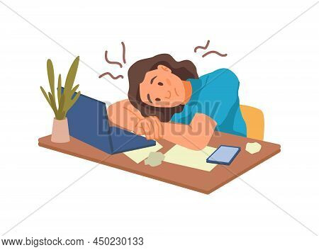 Exhausted Employee Laying On Desk. Vector Woman Tired Of Overworking And Overload. Low Energy And Pr