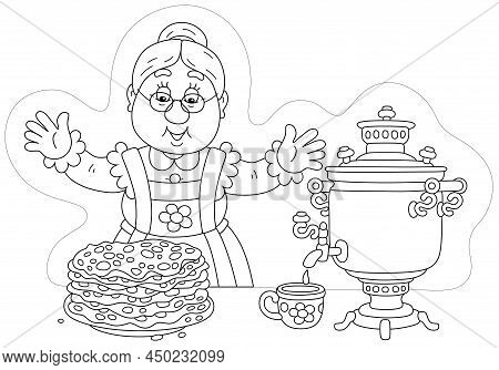 Happy Granny With Tasty Traditional Pancakes And An Old Village Samovar For Holiday Tea, Black And W