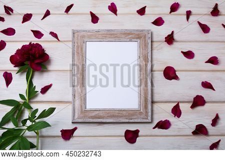 Wooden Picture Frame Mockup With Burgundy Peony And Petals