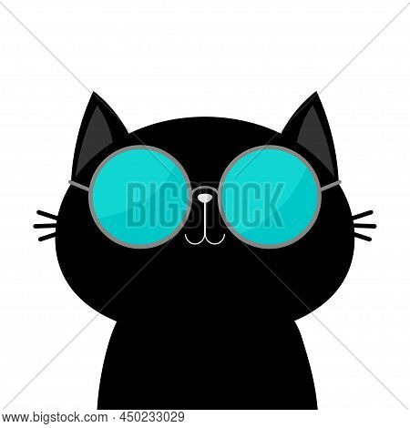 Cat Wearing Eyeglasses Sunglasses. Blue Lenses. Cute Cartoon Funny Character. Kitten Kitty In Eyegla