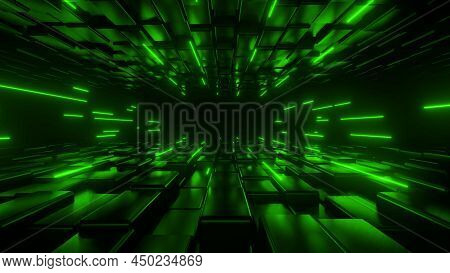 Dark Tunnel Illuminated By Neon Green Lights. Digital Space. Cyberspace Decor Element. Motion Backgr