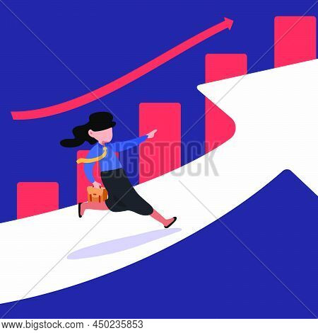 Business Flat Drawing Active Businesswoman Running On Arrow Up Go To Success, Graph. Business Vision