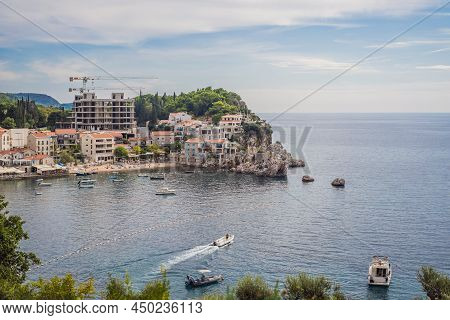 Picturesque Summer View Of Adriatic Sea Coast In Budva Riviera Near Przno Village. Cozy Beach And Bu