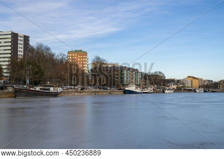 Turku, Finland - January 15 2022: View To The City And Aurajoki River
