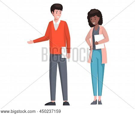 Young Couple Talking Together. People Having Conversation, Disussing Something. Colleagues Lead Disc