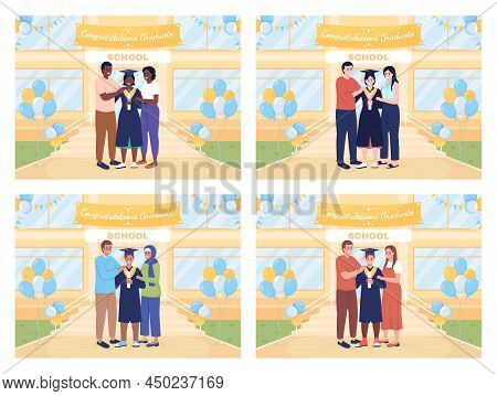 School Graduation Ceremony Flat Color Vector Illustration Set. 2d Simple Cartoon Pack Family With De