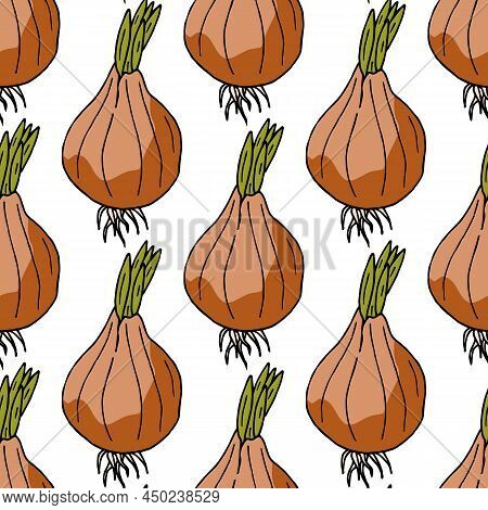 Seamless Pattern With Cute Onions On White Background. Vector Image.