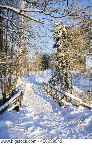 Winter View Of The Wooden Bridge Over The Kolmehaara River, Pusula, Lohja, Finland