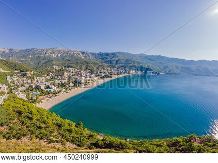 Aerophotography. View From Flying Drone. Panoramic Cityscape Of Budva, Montenegro. Top View. Beautif