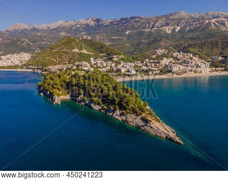 Aerophotography. View From Flying Drone. Panoramic Cityscape Of Budva, Montenegro. Top View. Beautif