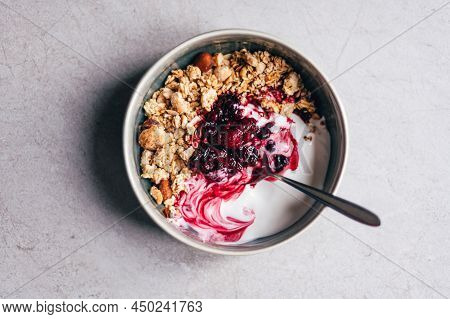 Roasted Healthy Homemade Granola With Gluten Free Rolled Oats Or Porridge Oats, Variety Of Chopped N