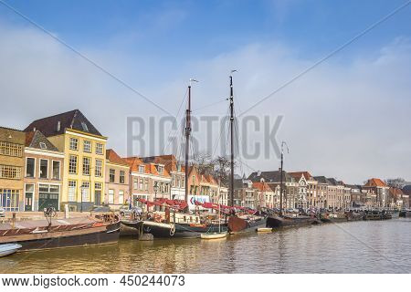 Zwolle, Netherlands - March 03, 2021: Historic Ships In The Thorbeckegracht Canal Of Zwolle, Netherl