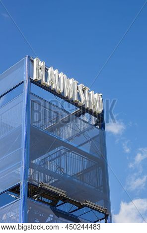 Blue Steel Tower With The City Name In Blauwestad, Netherlands