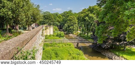 Medieval City Wall At The Jeker River In Maastricht, Netherlands