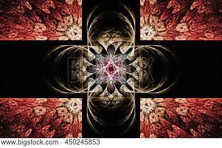 Abstract Illustration Of A Computer Generated Fantastic Flower Of Various Shapes And Shades On A Bla
