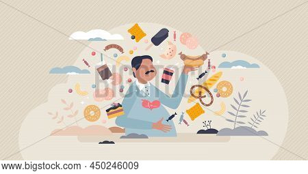 Obesity And Overweight Problem With Unhealthy Lifestyle Tiny Person Concept. Eating Junk And Fast Fo