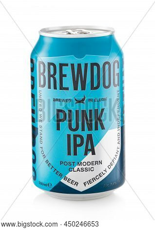 London,uk - February 10,2022: Brewdog Punk Ipa Craft Beer On White.