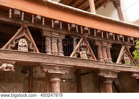 Ladakh , India- May 15,2019 : Ancient Wooden Carving On The Entrance To Alchi Monastery Or Alchi Gom