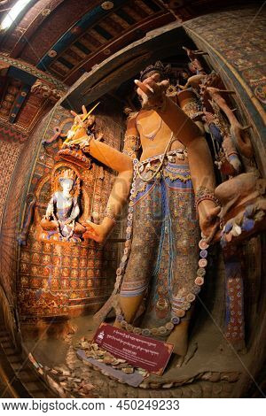 Ladakh , India- May 15,2019 : A Large Buddha Image Or God Made Of Wood. Located Inside Alchi Monaste