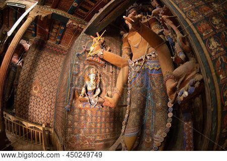Ladakh , India- May 15,2019 : A Large Buddha Image Or God Made Of Wood. Located Inside Alchi Monaste