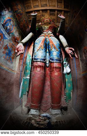 Ladakh , India- May 15,2019 : A Large Buddha Image Or God Made Of Wood. Located Inside Alchi Monaste
