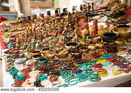 Ladakh , India- May 15,2019 : Stone Jewelry And Metal As Religious Souvenirs For Sale At Alchi Monas