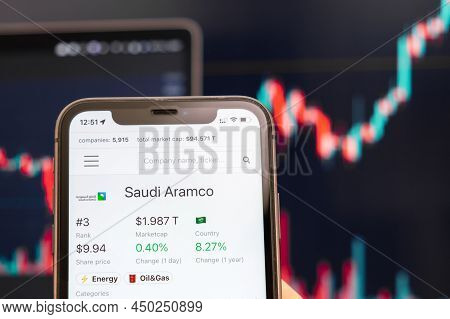 Saudi Aramco Logo Of Stock Price On The Screen Of Smartphone In Mans Hand With Changing Trend On The