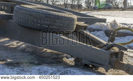 Open Car Trailer For Transportation Car For Sale And Evacuation Wrecked Car. Big Empty Open Platform