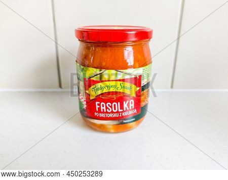 Pruszcz Gdanski, Poland - February 13, 2022: Tradycyjny Smak Polish Baked Beans With Sausage Known A