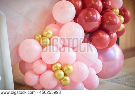 Aerodesign. Small Pink Balloons Fastened Together. Decor Element For Childrens Birthday.