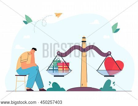 Sad Man Sitting At Scales With Presents And Heart. Balance Between Gift And Feelings Flat Vector Ill
