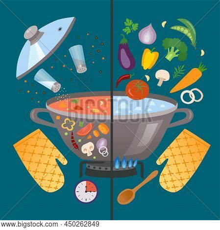 Original Collection Of Cookbooks. Fresh Vegetables Fall Into The Pan. A Pot Of Vegetable Soup With E