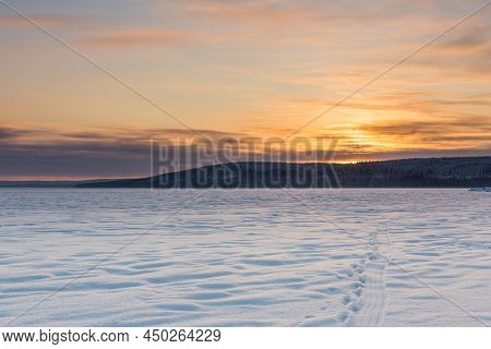 Winter Sunset On Onega Lake, Nordic Landscape