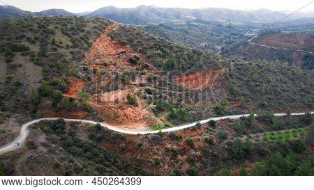 Red Iron Cap (gossan) On Top Of A Hill Over A Metal Ore Deposit, Cyprus
