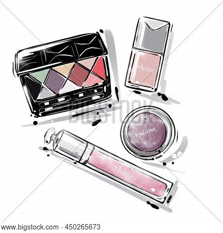 Hand Drawn Illustration. Make Up Scatch. Face Cosmetics Art. Shine Decorative Cosmetics