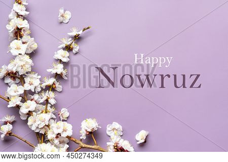 Sprigs Of The Apricot Tree With Flowers On Pink Background Text Happy Nowruz Holiday Concept Of Spri