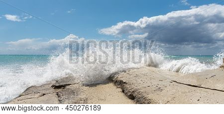 Sea With Turquoise Clear Blue Water And Blue Sky With White Clouds. Cape Aspro Pissouri. Seascape In