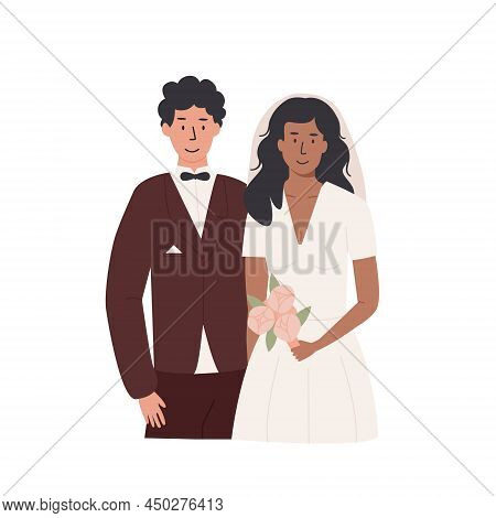 Interracial Wedding. Newlywed. Love Couple Caucasian Man And Black Woman. Marriage Ceremony. Happy B