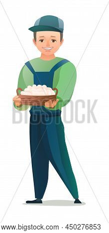 Little Boy Villager Farmer In Overalls. Teen Is An Agricultural Worker. Cheerful Person Standing Pos