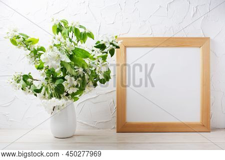 Square Wooden Picture Frame Mockup With Tender Apple Blossom