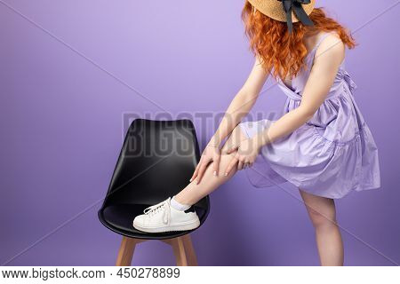 Picture Of A Young Redhead Ginger Woman In Straw Hat Wearing Violet Sundress And White Sneekers Put 