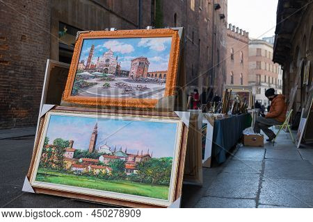 Cremona, Italy - January 2022: Paintings For Sale In Street In Cremona, Lombardy - Taly.