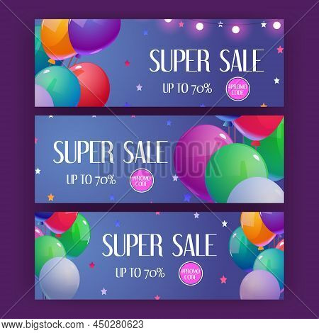 Super Sale Posters With Special Offer, Price Reduction. Vector Horizontal Banners With Discount And 